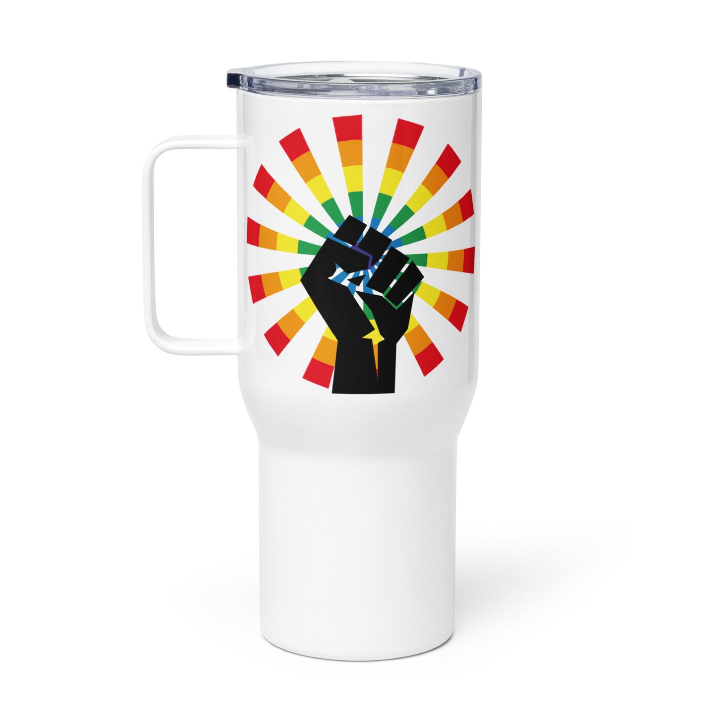 LGBTQ Pride Stainless Steel Travel Mug with Handle - Resist 25oz White Pride travel-mug-with-a-handle-white-25-oz-right-64d901c666f25