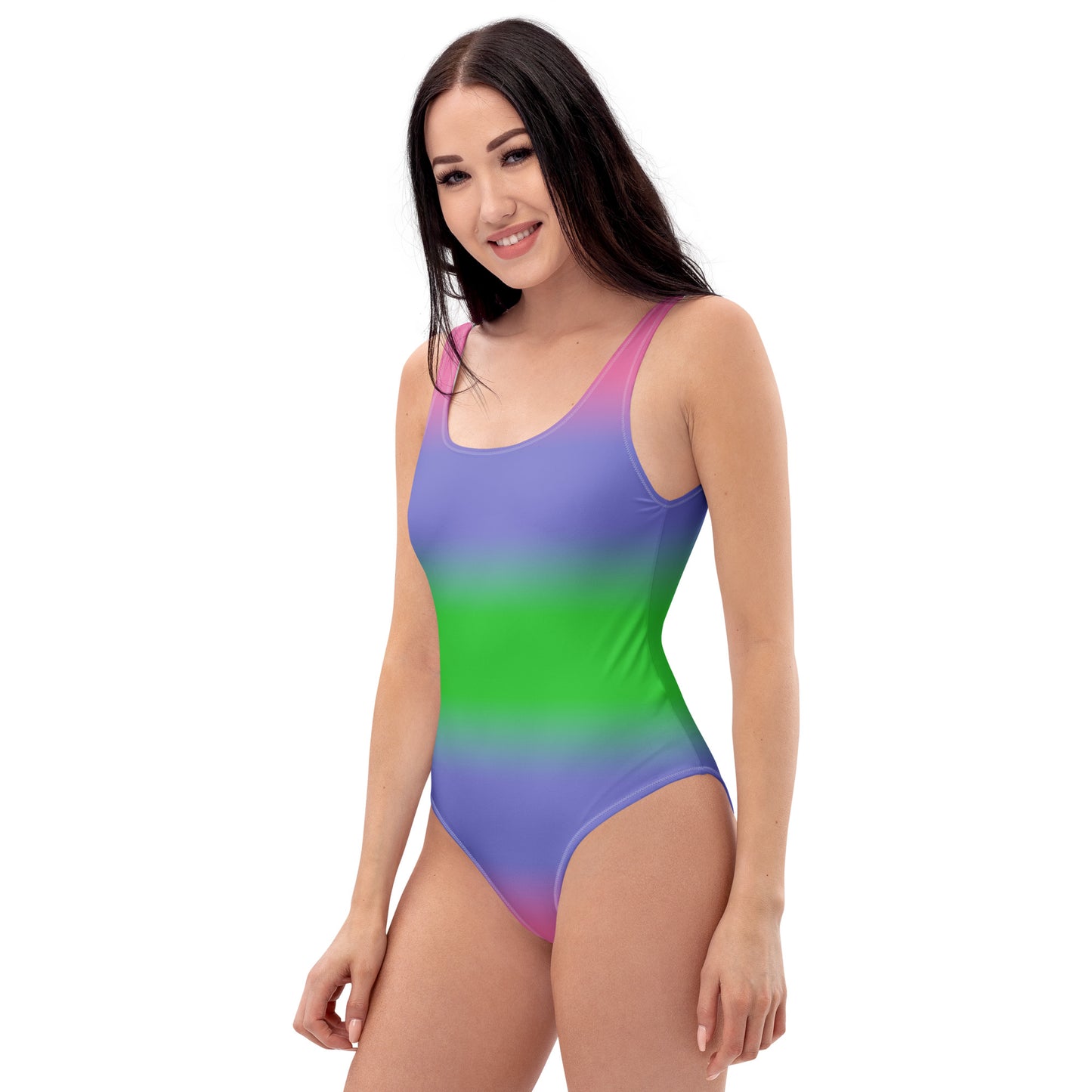 Woman wearing a trigender pride one-piece swimsuit on a white background