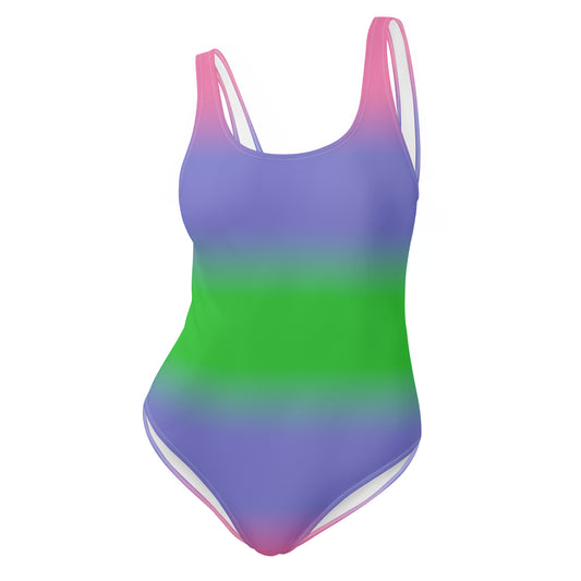 trigender pride swimsuit with gradient design on a white background