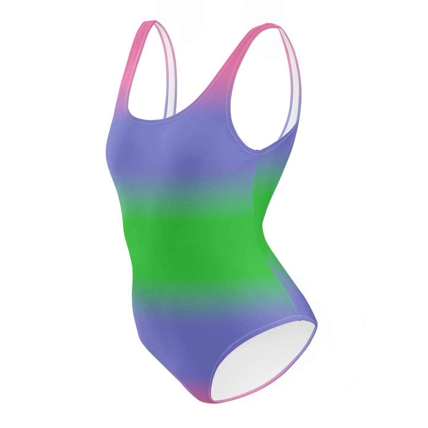 trigender gradient swimsuit with purple, pink, and green colors on a white background