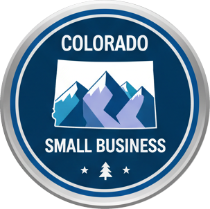 Logo for Colorado Small Business with mountains and text on a blue background