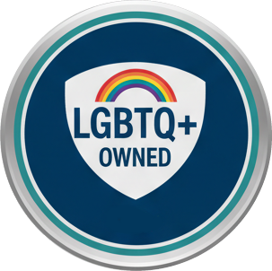 Badge with 'LGBTQ+ Owned' text and rainbow design on a blue background