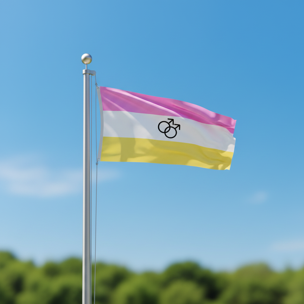 flag with pink, white, and yellow stripes with two male symbols in the center, flying from a flagpole against a clear blue sky