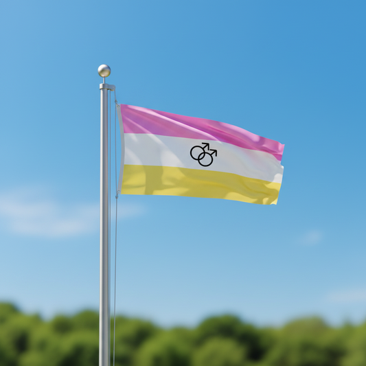 flag with pink, white, and yellow stripes with two male symbols in the center, flying from a flagpole against a clear blue sky