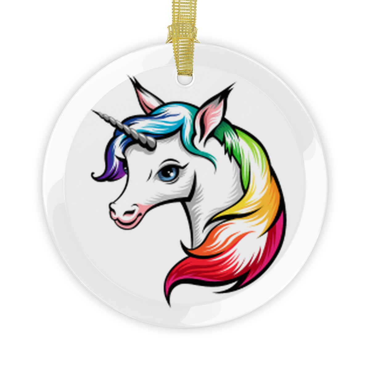 Glass holiday ornament of a unicorn with rainbow colored mane.