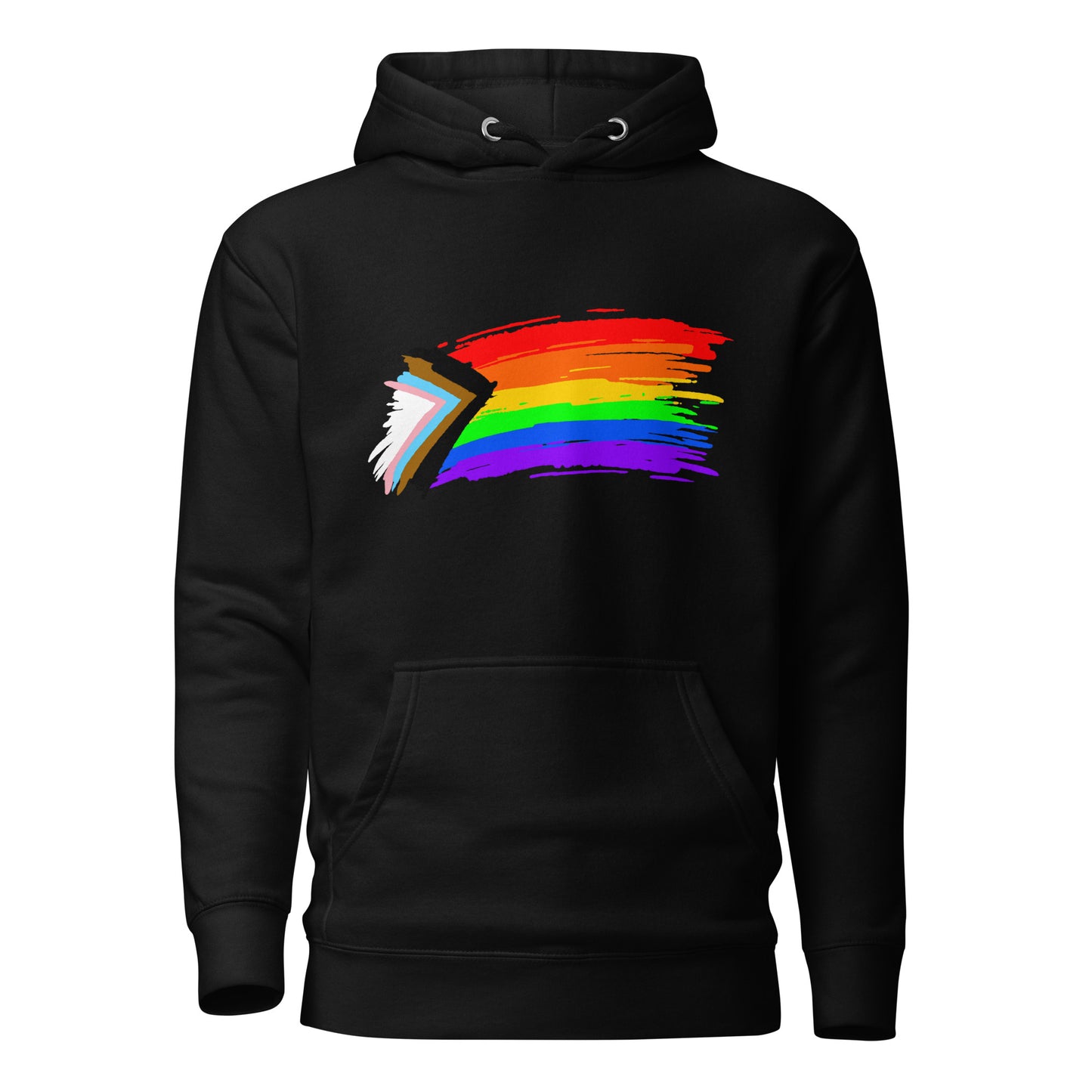 LGBTQ Pride Sweatshirt Hoodie - Progress Pride Flag Paint Black Pride unisex-premium-hoodie-black-front-6529e5a2e07b9