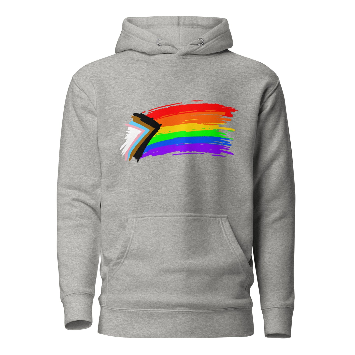 LGBTQ Pride Sweatshirt Hoodie - Progress Pride Flag Paint Carbon Grey Pride unisex-premium-hoodie-carbon-grey-front-6529e5a2e283e