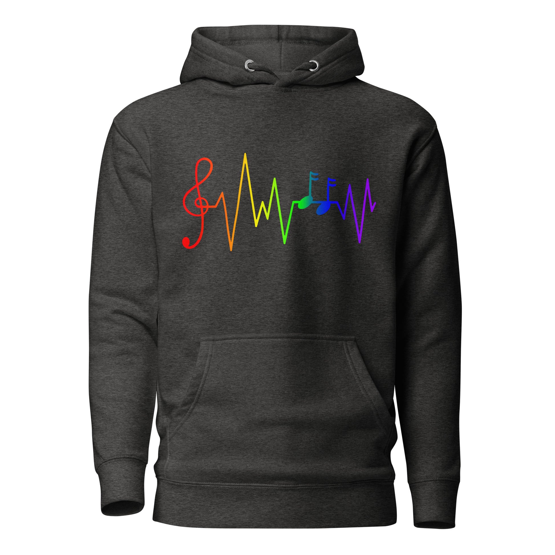 LGBTQ Pride Sweatshirt Hoodie - Music Notes Charcoal Heather Pride unisex-premium-hoodie-charcoal-heather-front-6529d5721efbd