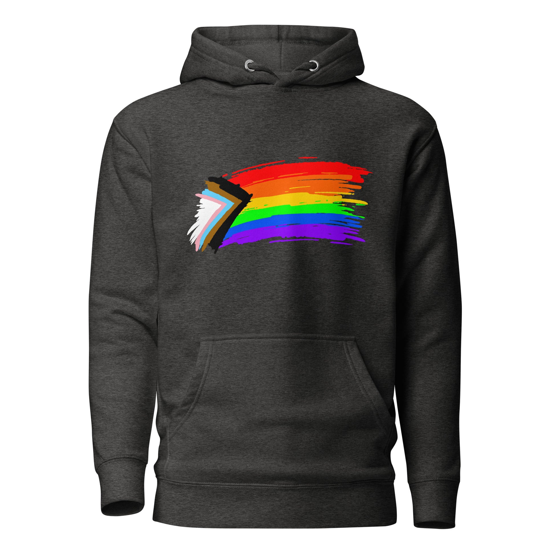 LGBTQ Pride Sweatshirt Hoodie - Progress Pride Flag Paint Charcoal Heather Pride unisex-premium-hoodie-charcoal-heather-front-6529e5a2dea97