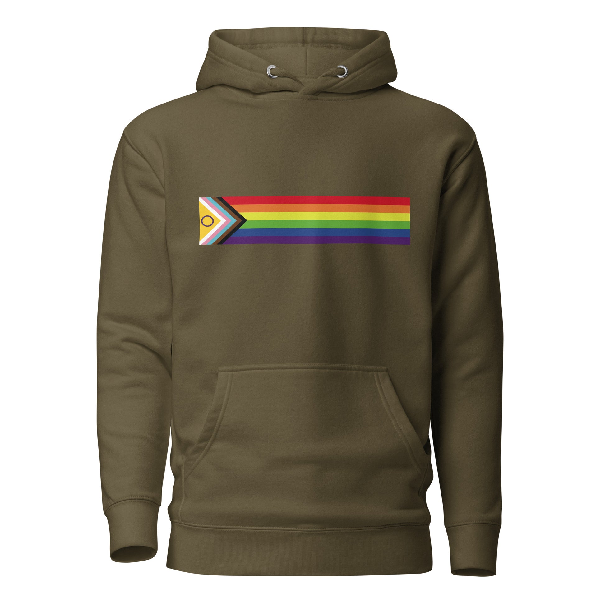 LGBTQ Pride Sweatshirt Hoodie - Inclusive Progress Pride Flag Military Green Pride unisex-premium-hoodie-military-green-front-6529d70e178b5