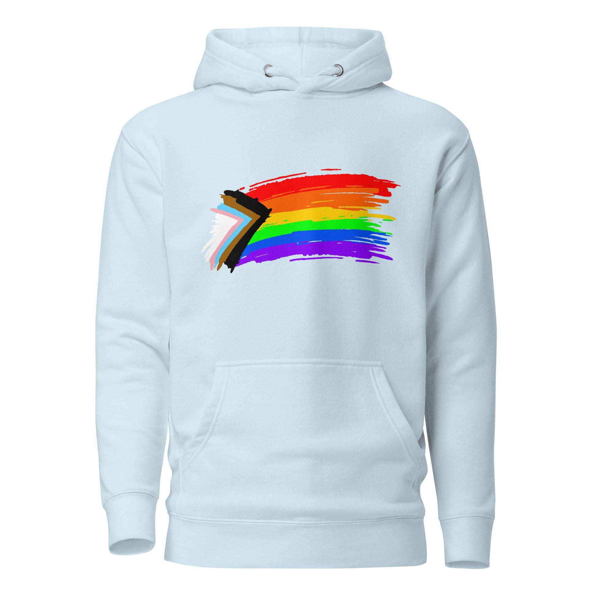 LGBTQ Pride Sweatshirt Hoodie - Progress Pride Flag Paint Sky Blue Pride unisex-premium-hoodie-sky-blue-front-6529e5a2e40a3