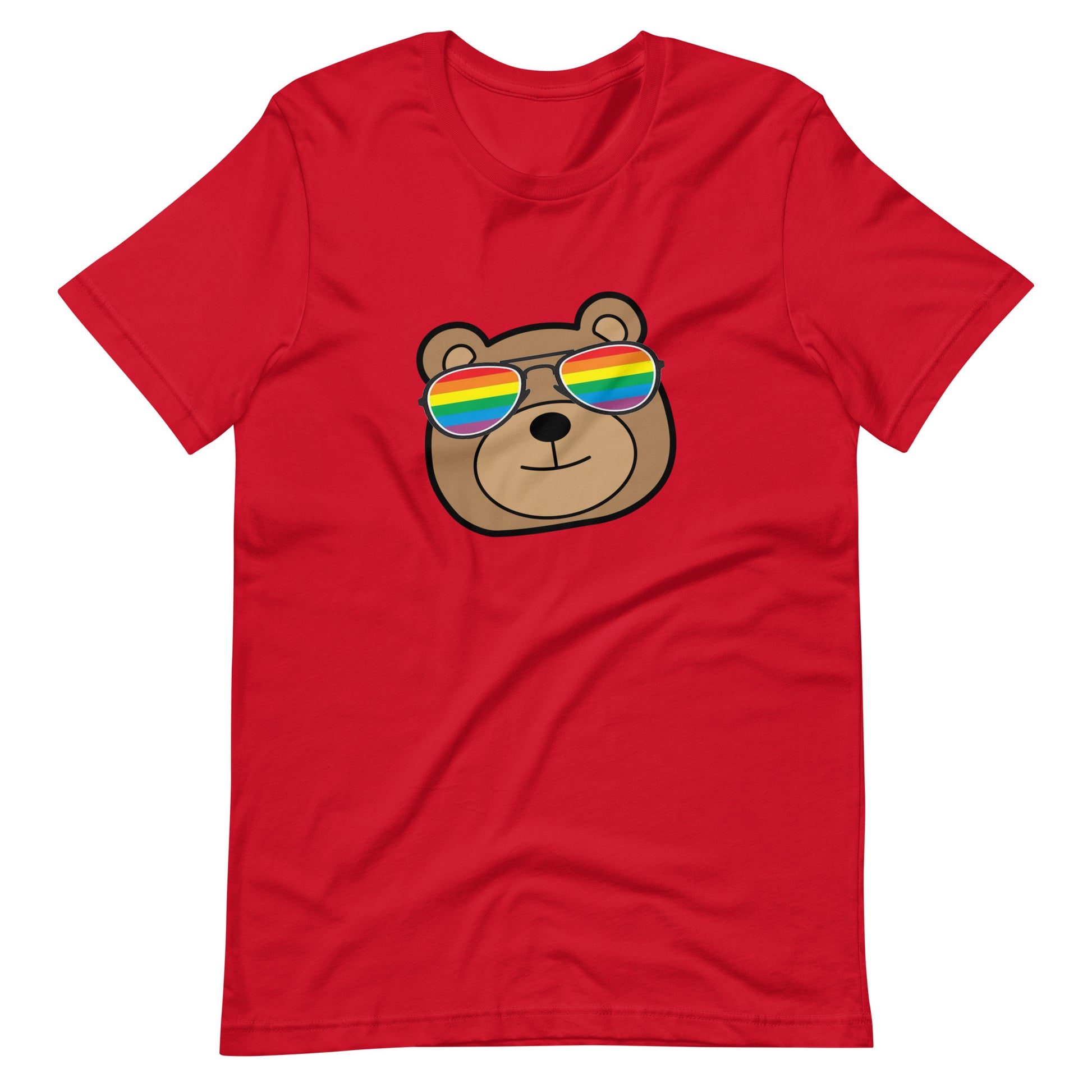 Gay Bear in Rainbow Sunglasses Unisex T-shirt Red unisex-staple-t-shirt-red-front-6646aaaa92052