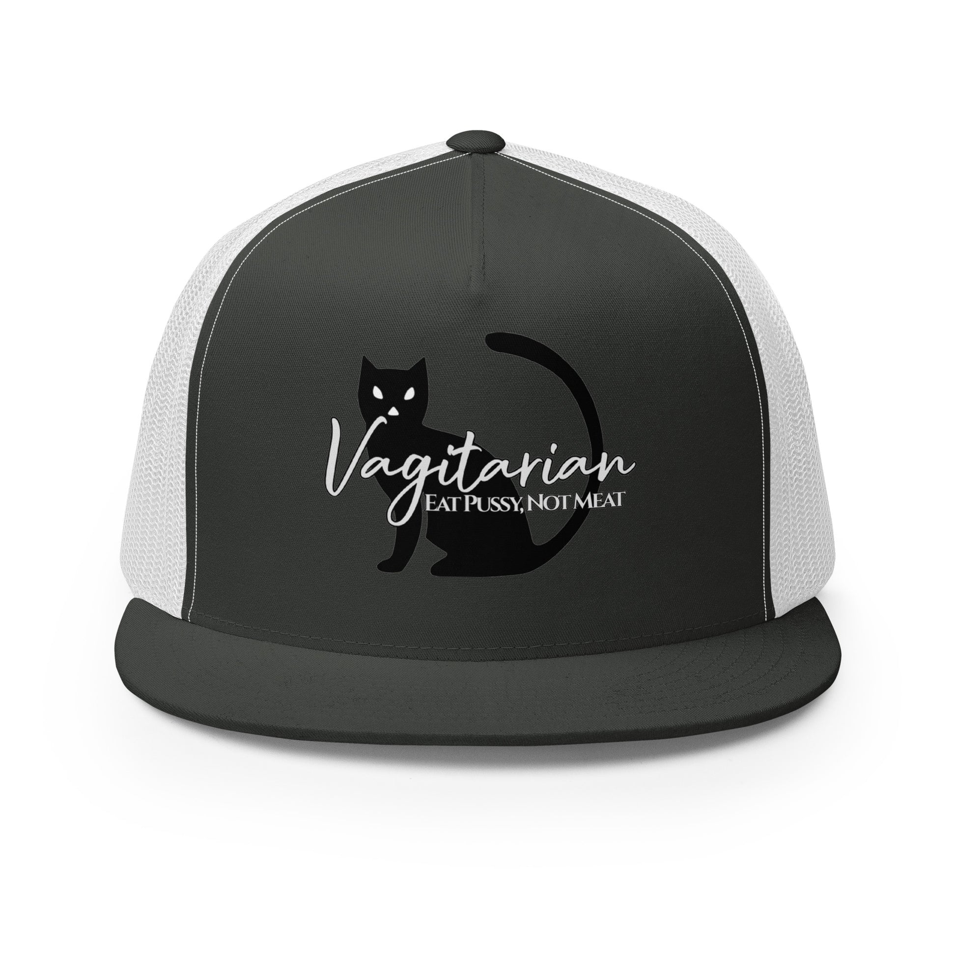 Vagitarian Trucker Baseball Cap Hat Charcoal White Lesbian vagitarian-trucker-baseball-cap-hat-charcoal-white-front Trucker Caps