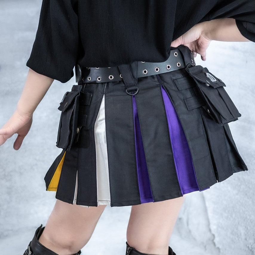 A person wearing a black traditional kilt with vertical color-block panels in nonbinary pride colors of white, yellow, black, and purple, paired with a black belt and black knee-high boots.