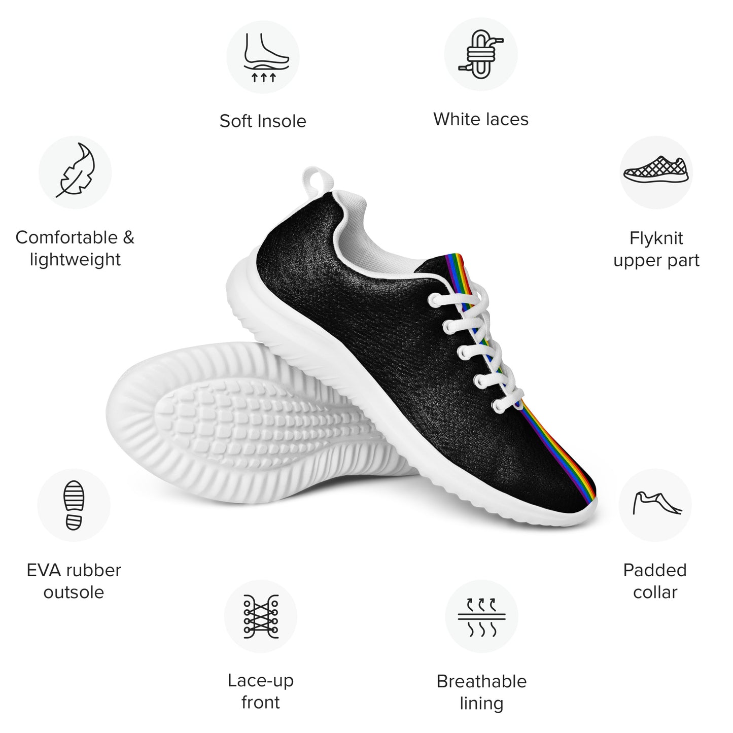 LGBTQ Pride Stripe Women’s Athletic Shoes Black womens-athletic-shoes-white-front-65860d007e94f