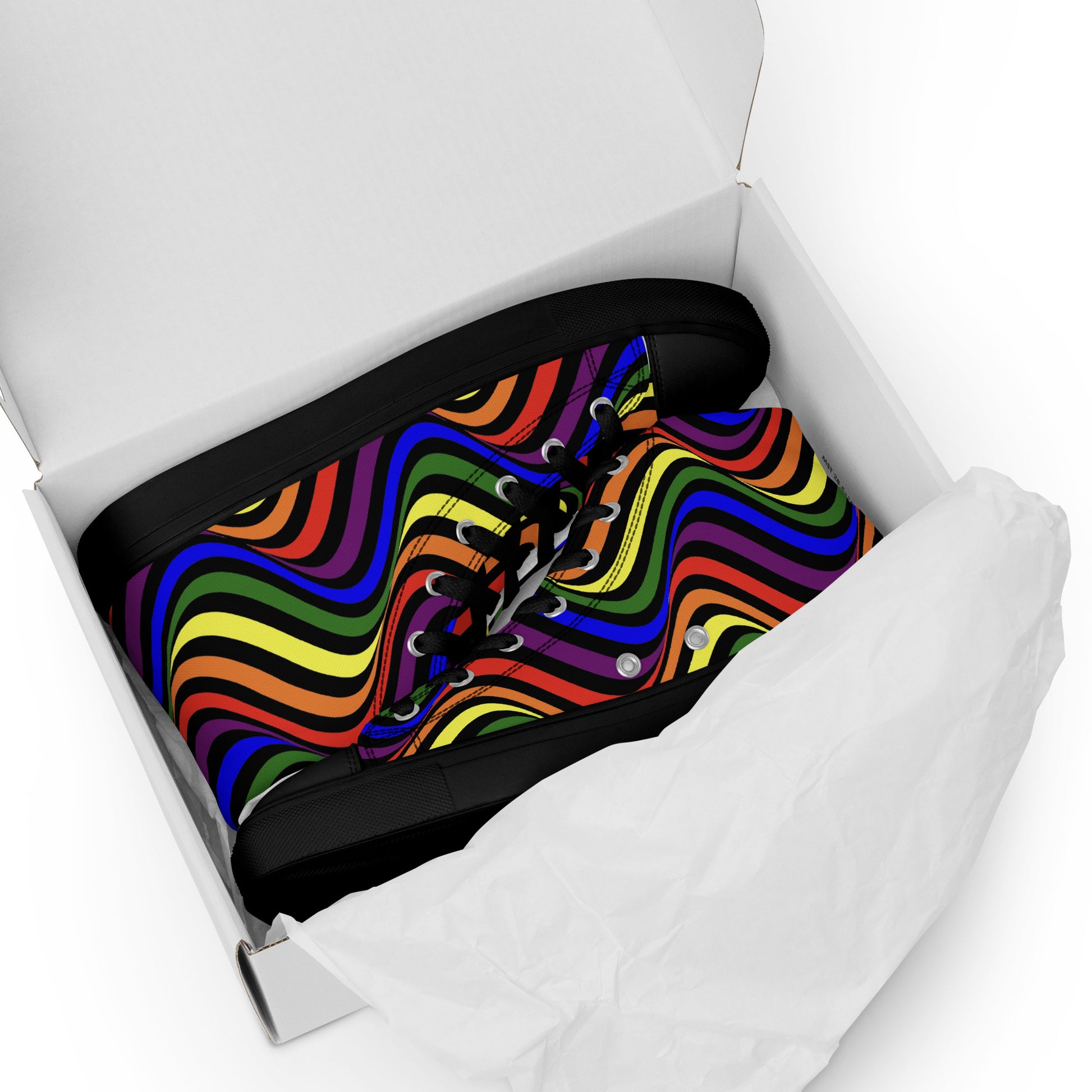 LGBTQ Pride Wavey Women’s High Top Canvas Athletic Shoes womens-high-top-canvas-shoes-black-front-657f86c7e420f