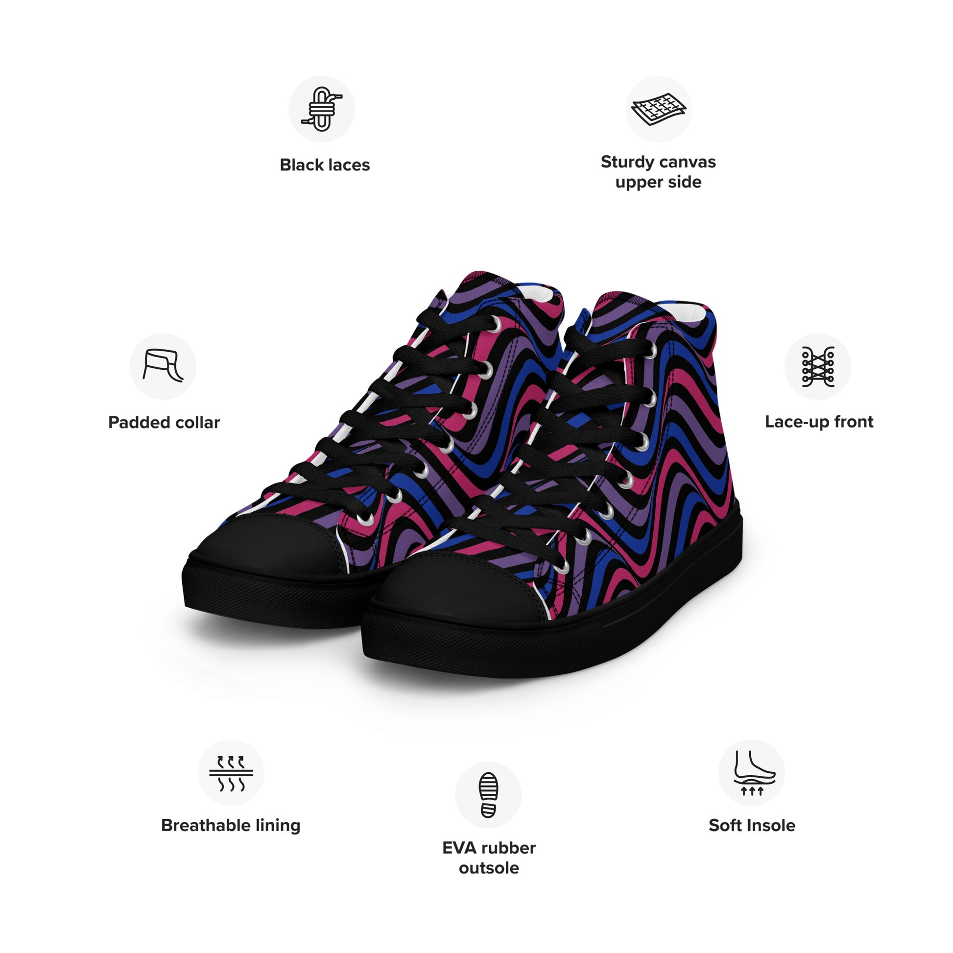 Bisexual Bi Wavey Women’s High Top Canvas Athletic Shoes womens-high-top-canvas-shoes-black-left-front-657e8520749fe