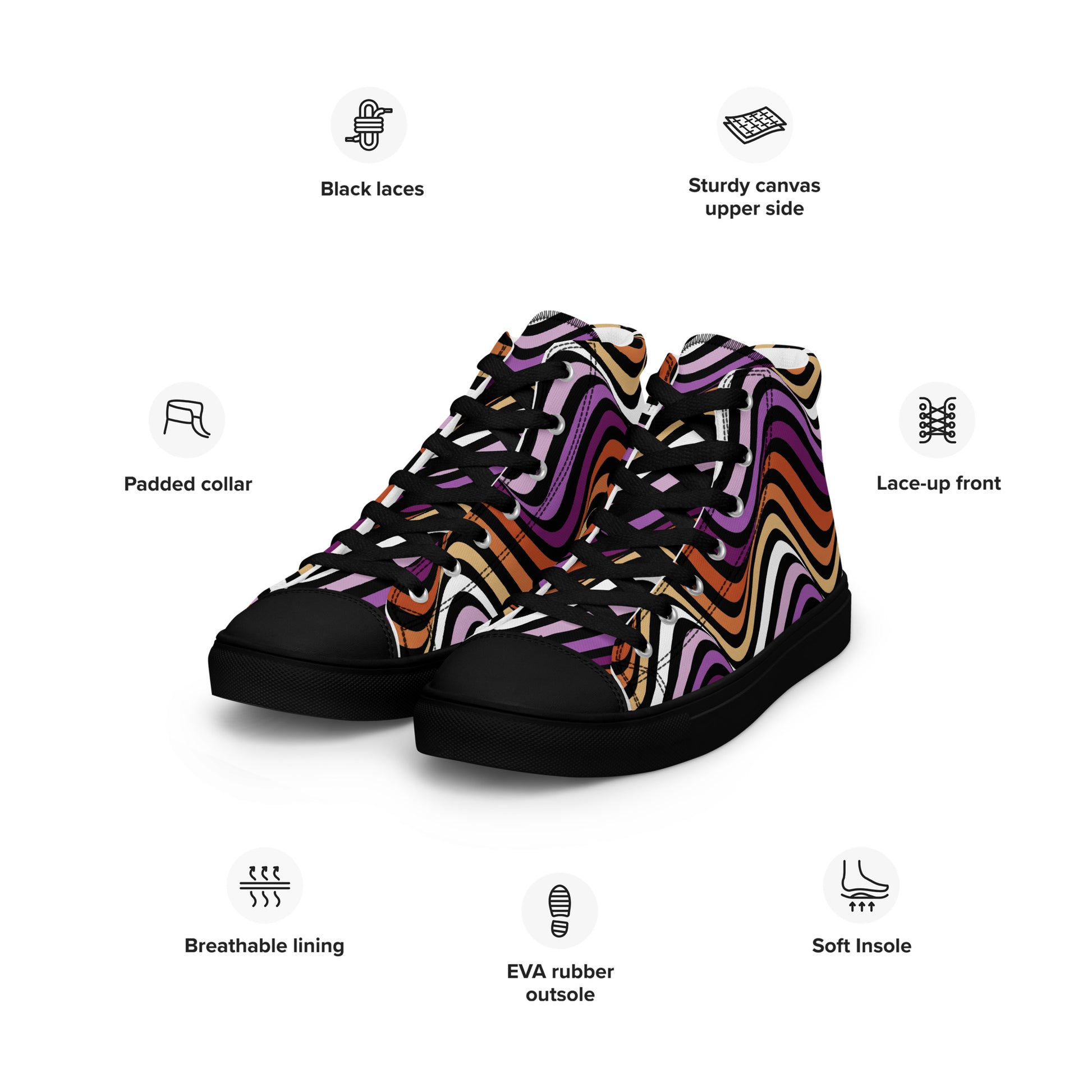 Lesbian Pride Wavey Women’s High Top Canvas Athletic Shoes womens-high-top-canvas-shoes-black-left-front-657f880a61b2a