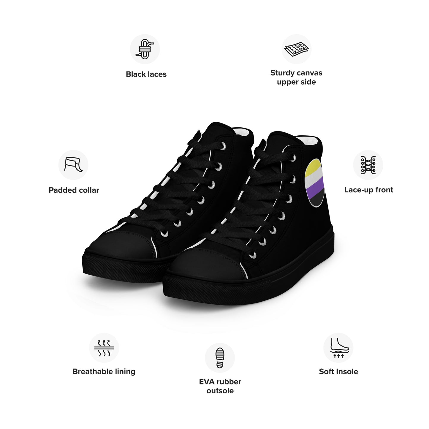 Nonbinary Enby Women’s High Top Canvas Athletic Shoes womens-high-top-canvas-shoes-black-left-front-657f9ac07183d