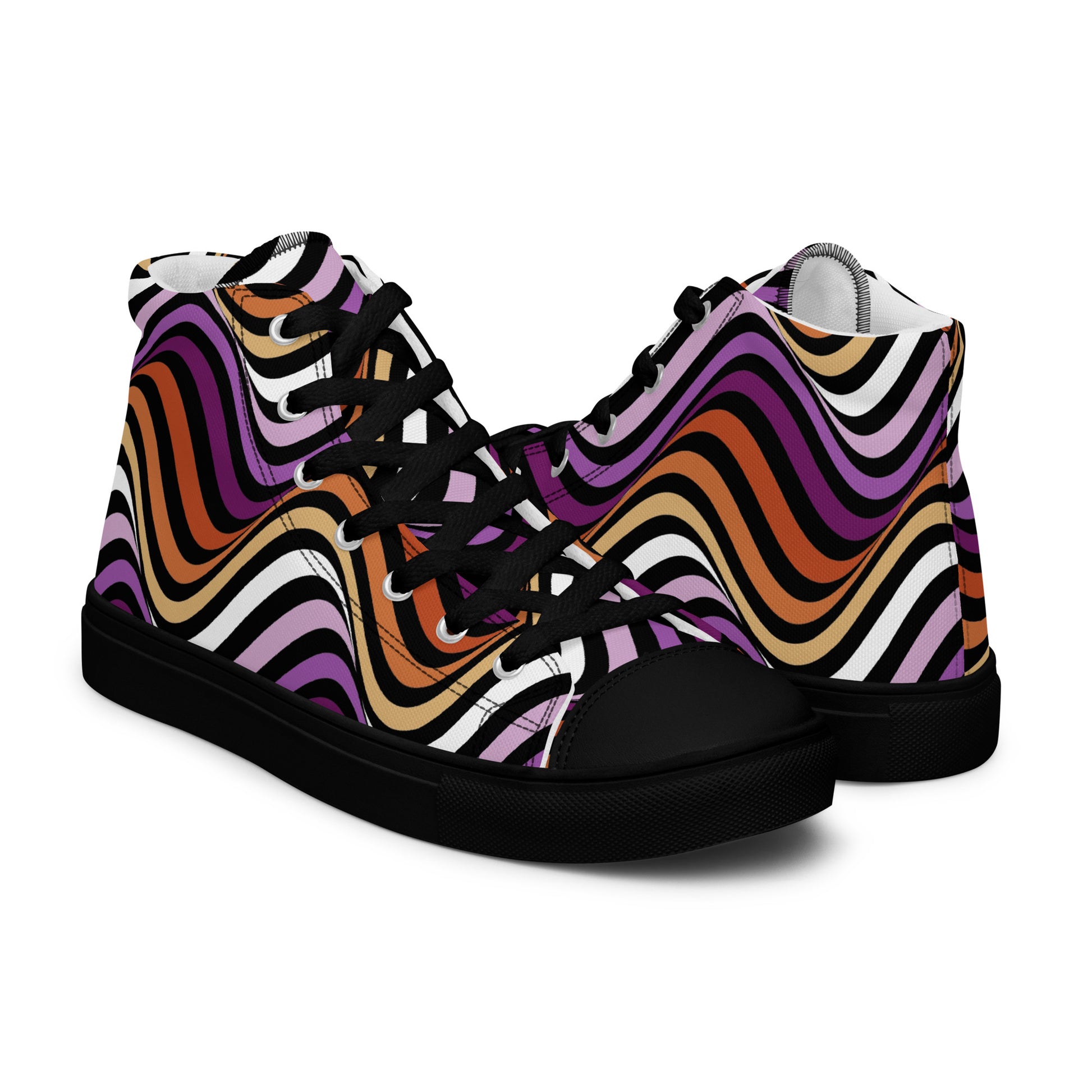 Lesbian Pride Wavey Women’s High Top Canvas Athletic Shoes womens-high-top-canvas-shoes-black-right-657f880a6250e