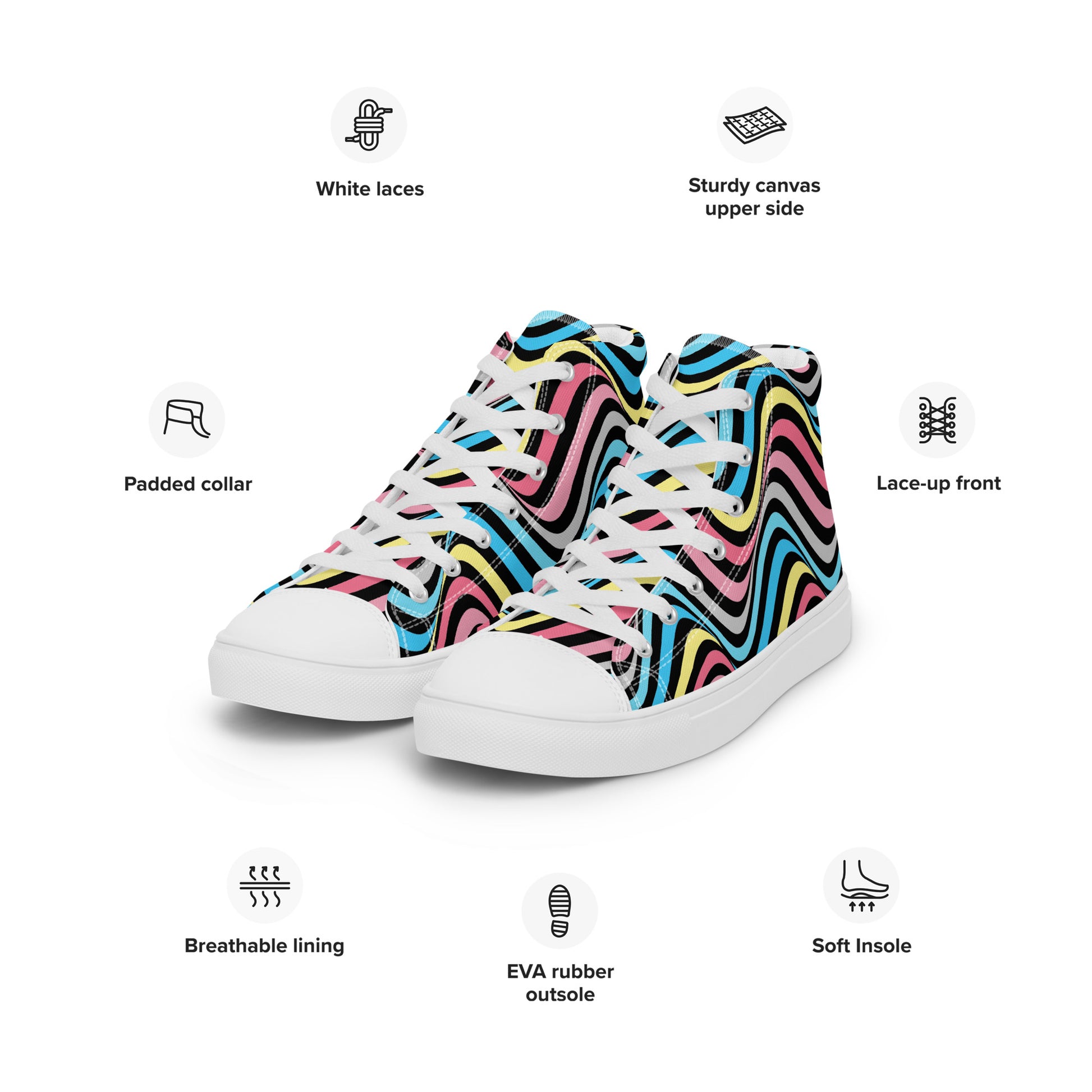 Genderflux Wavey Women’s High Top Canvas Athletic Shoes womens-high-top-canvas-shoes-white-left-front-657e883526982