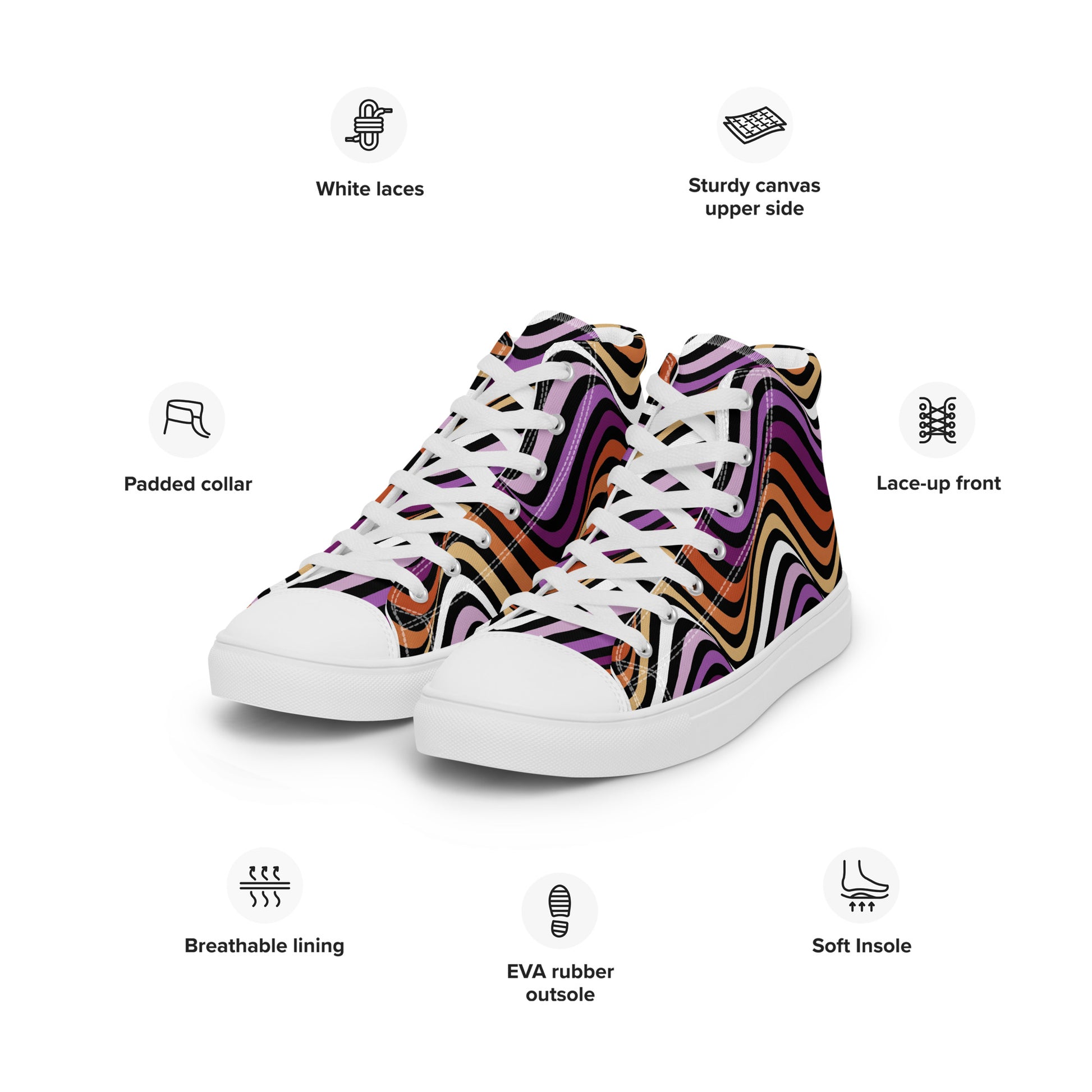 Lesbian Pride Wavey Women’s High Top Canvas Athletic Shoes womens-high-top-canvas-shoes-white-left-front-657f880a61d3b