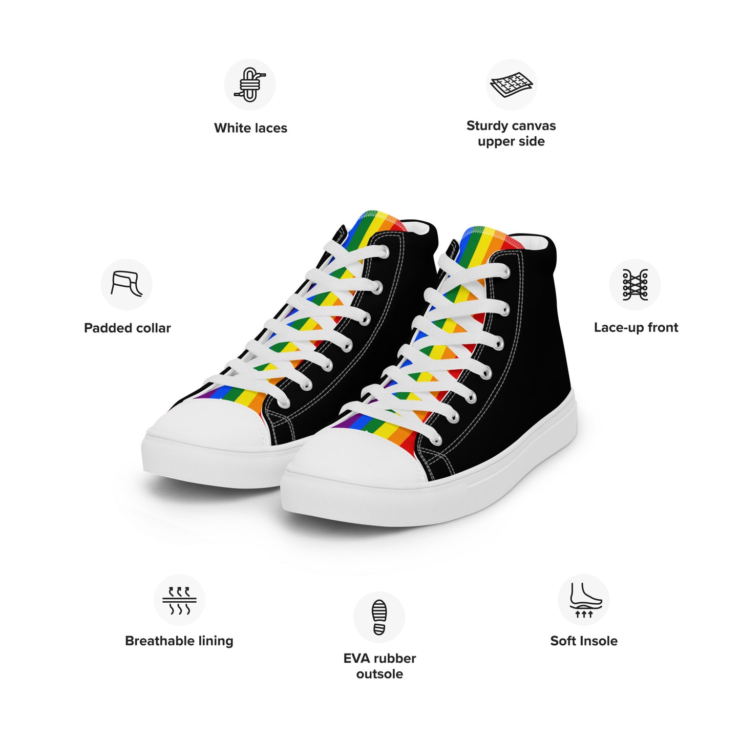 LGBTQ Pride Stripe Women’s High Top Canvas Athletic Shoes - Black womens-high-top-canvas-shoes-white-left-front-658610cdb0987