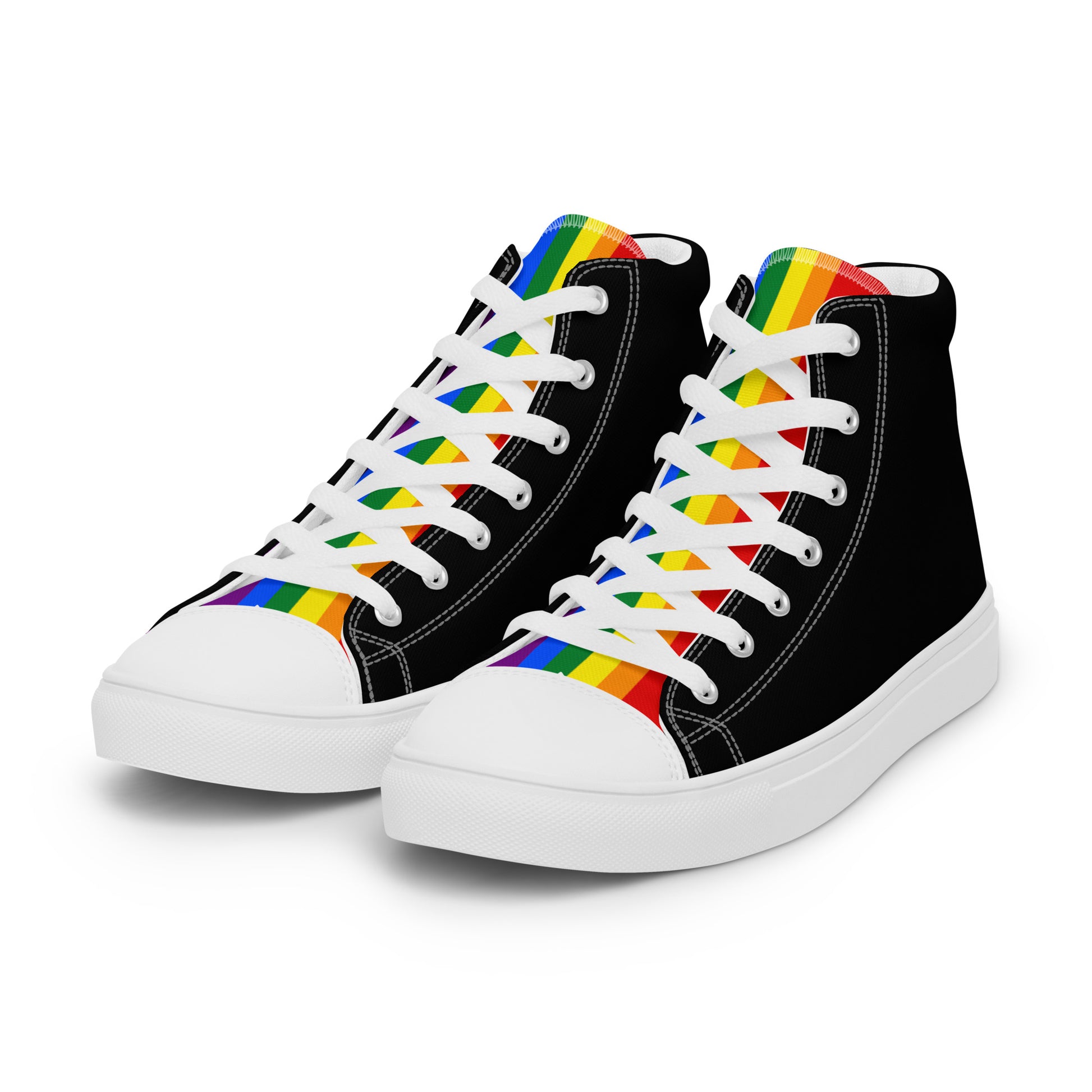 LGBTQ Pride Stripe Women’s High Top Canvas Athletic Shoes - Black womens-high-top-canvas-shoes-white-left-front-658610cdb10d3