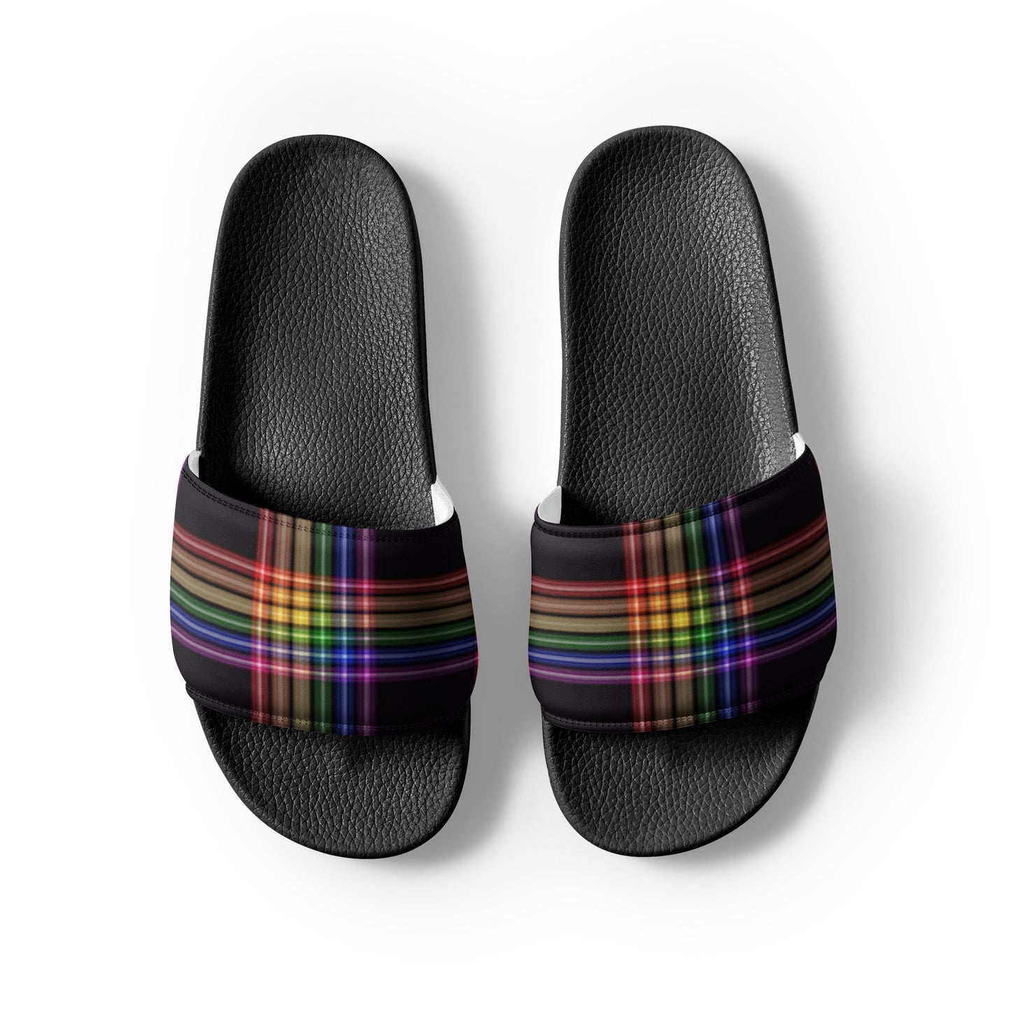 LGBTQ Pride Women's Slides Sandals in Plaid womens-slides-black-front-2-66018fdec248d