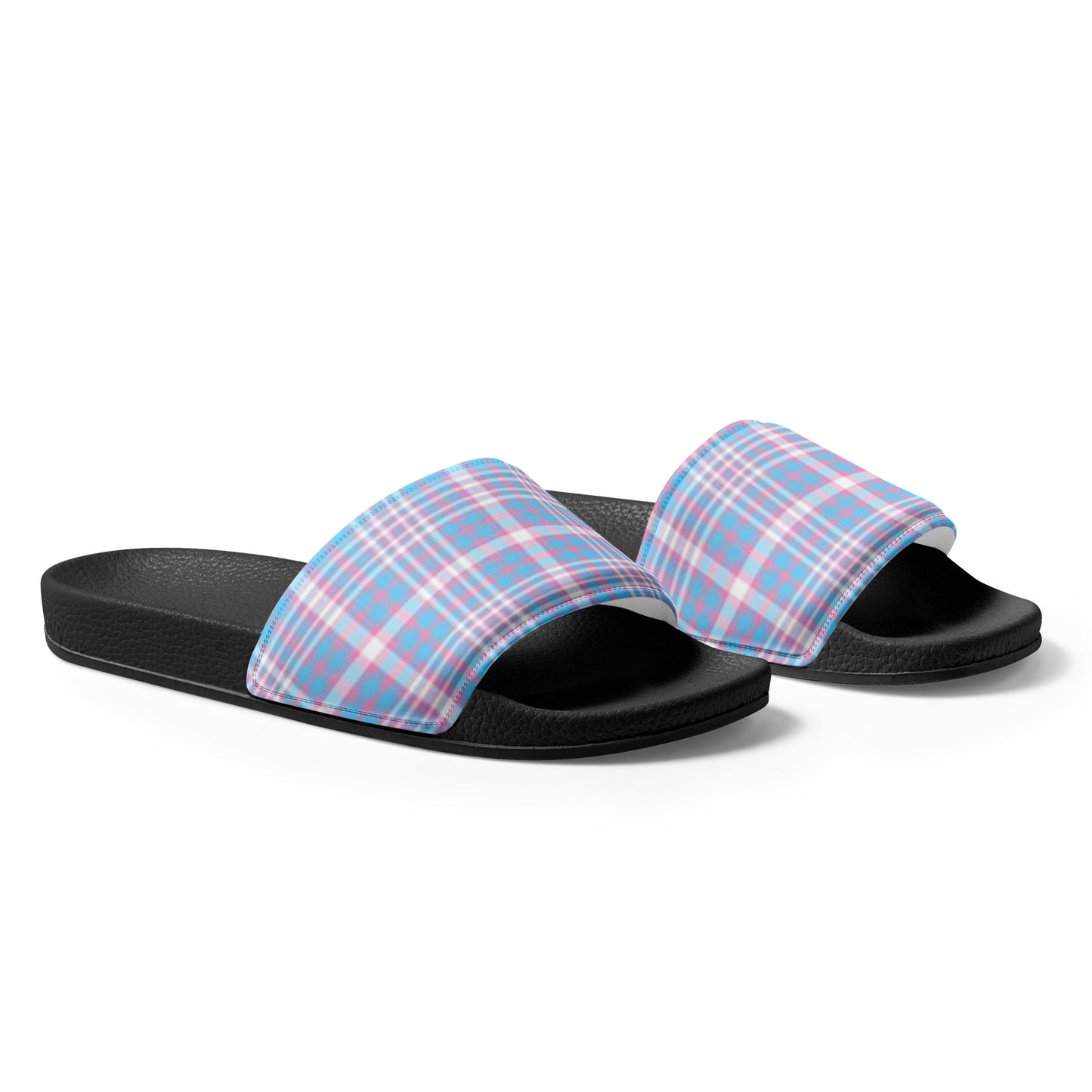 Transgender Trans Pride Women's Size Slides Sandals in Plaid womens-slides-black-right-front-66018d4427a10