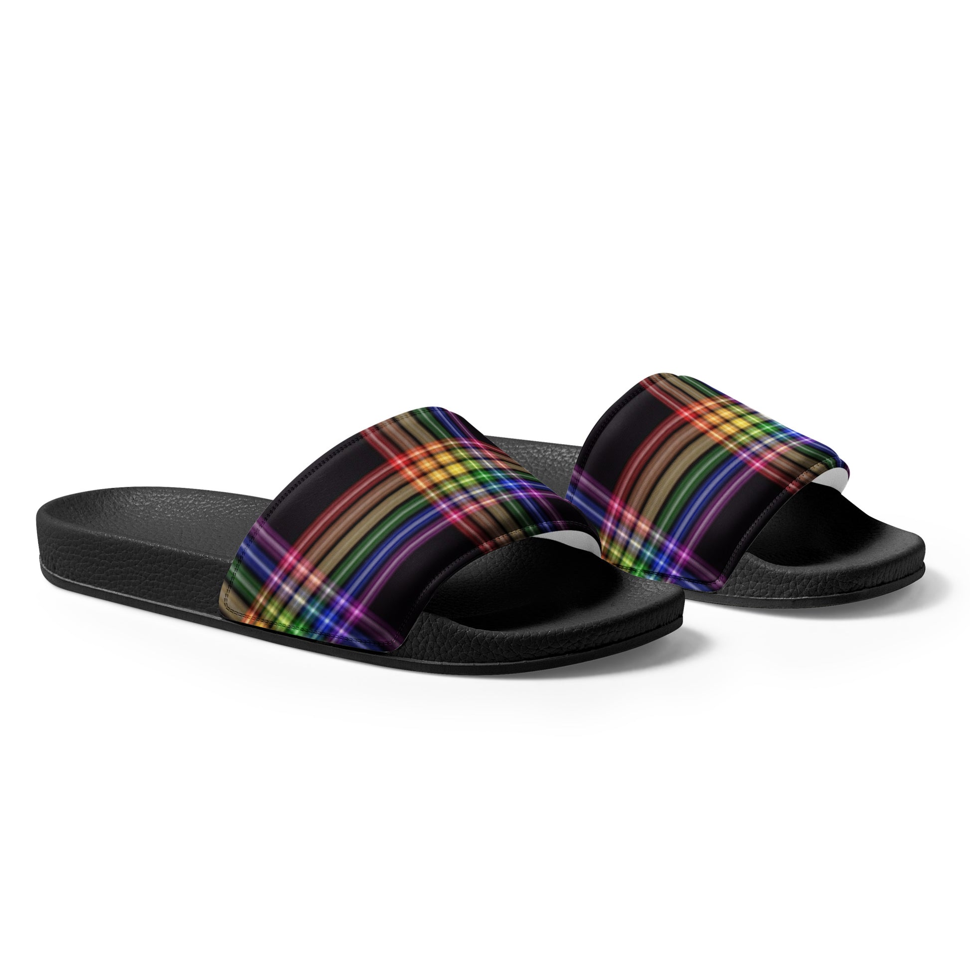 LGBTQ Pride Women's Slides Sandals in Plaid womens-slides-black-right-front-66018fdec2644