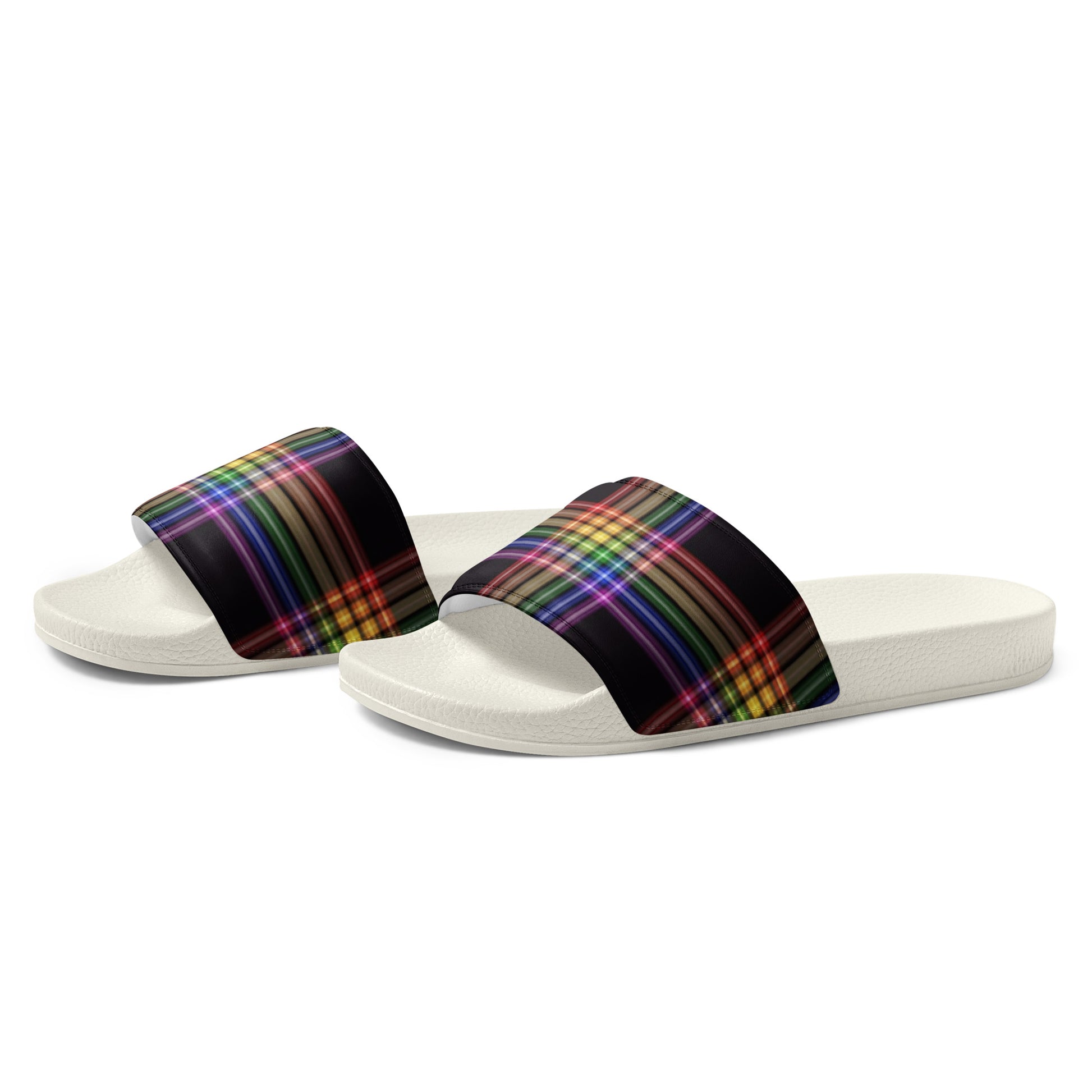 LGBTQ Pride Women's Slides Sandals in Plaid womens-slides-white-left-front-66018fdec299b