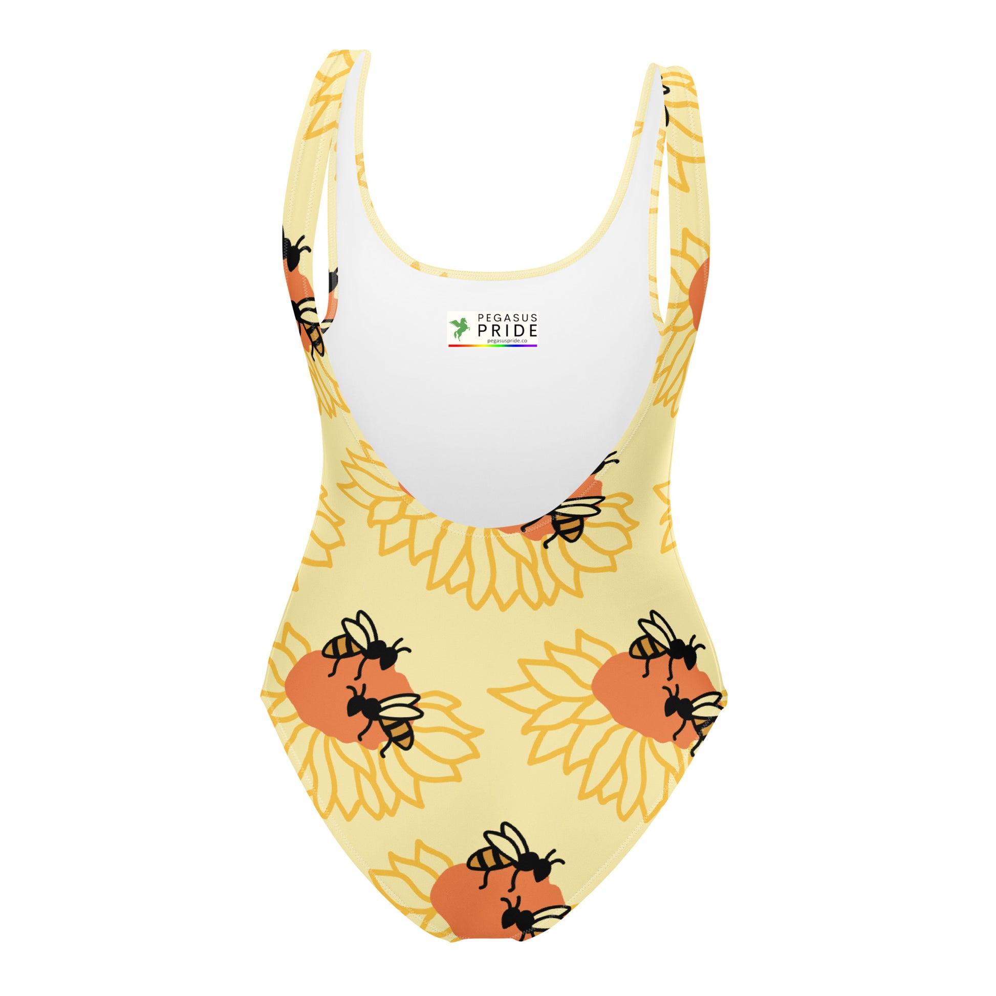 One-piece swimsuit with sunflower and bee pattern on a white background