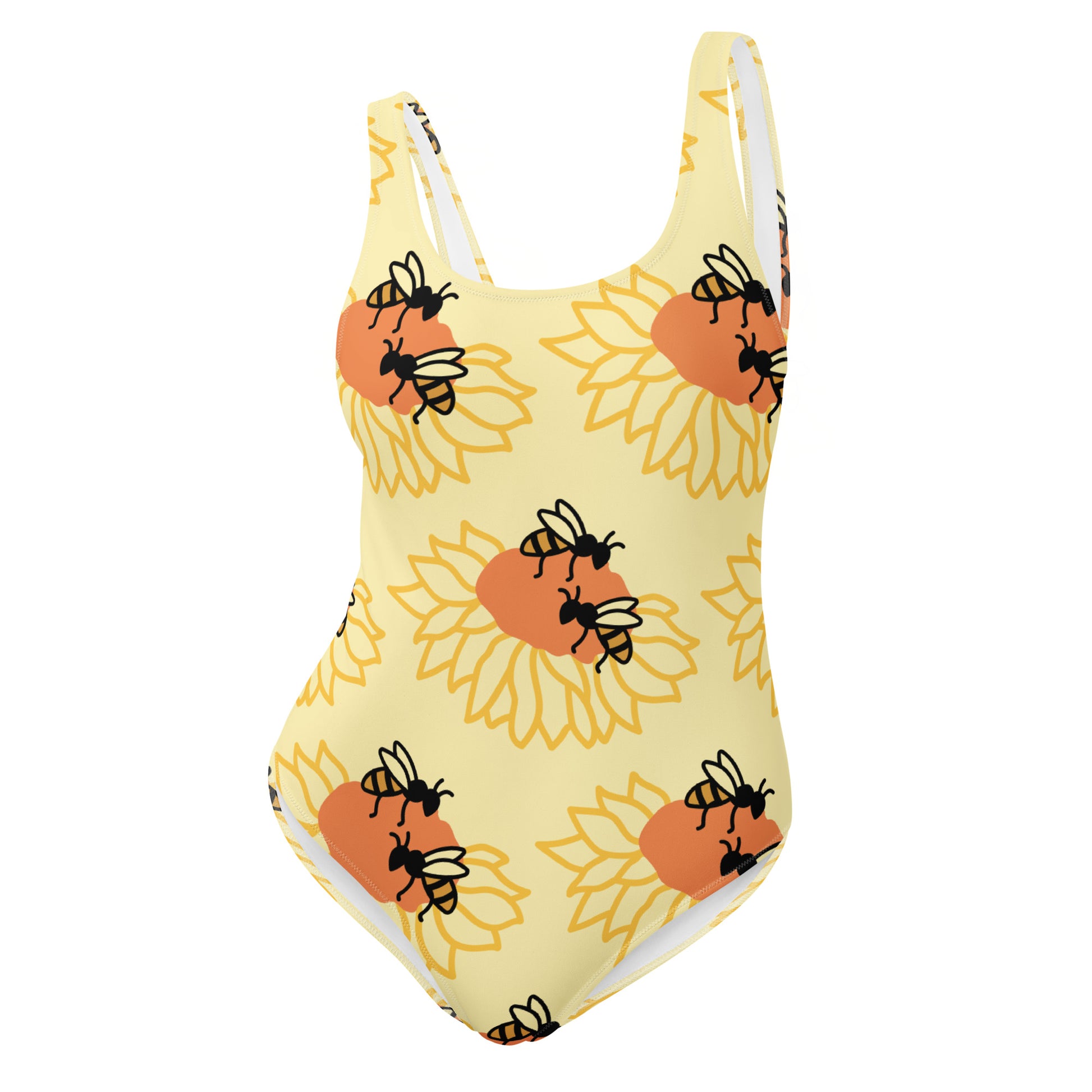 One-piece swimsuit with sunflower and bee pattern on a white background