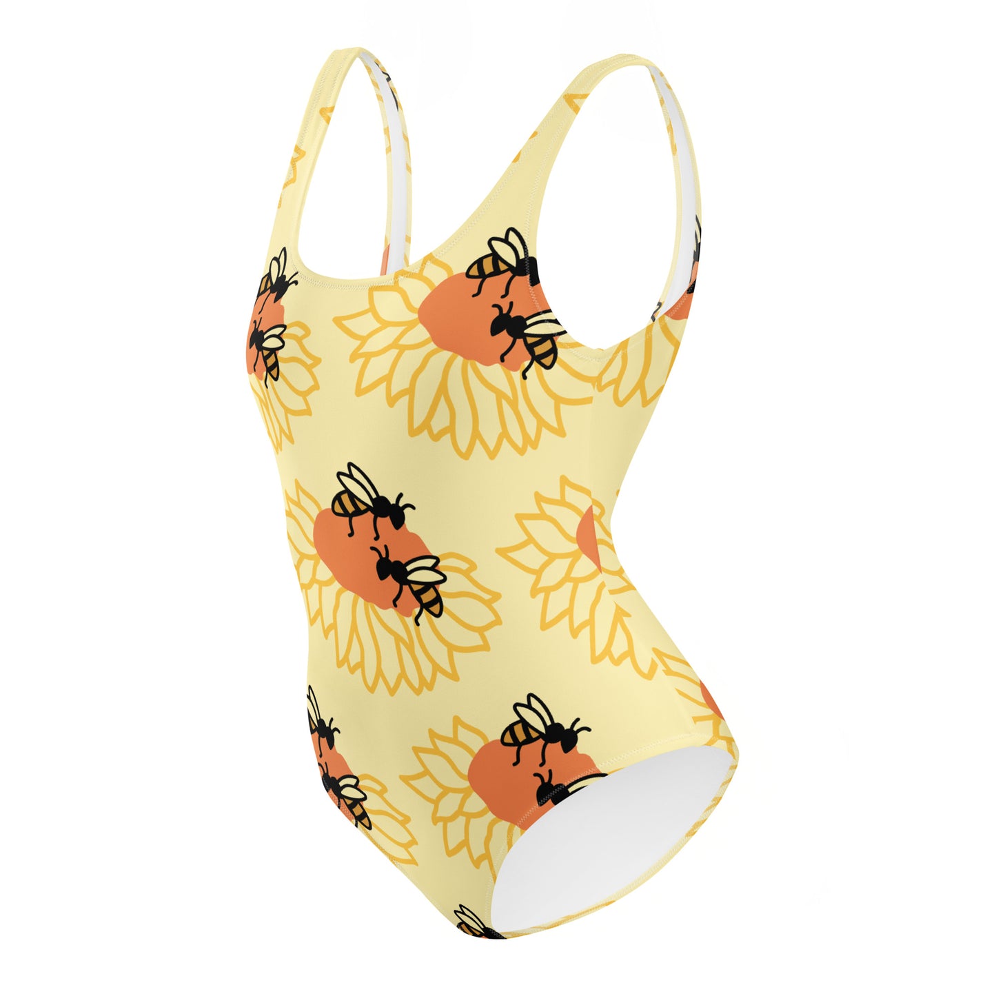 Yellow swimsuit with sunflower and bee pattern on a white background