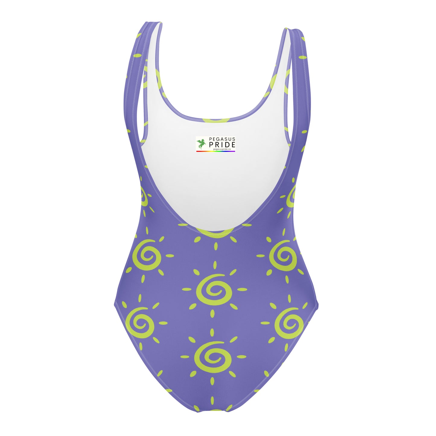 blue swimsuit with yellow spiral patterns on a white background