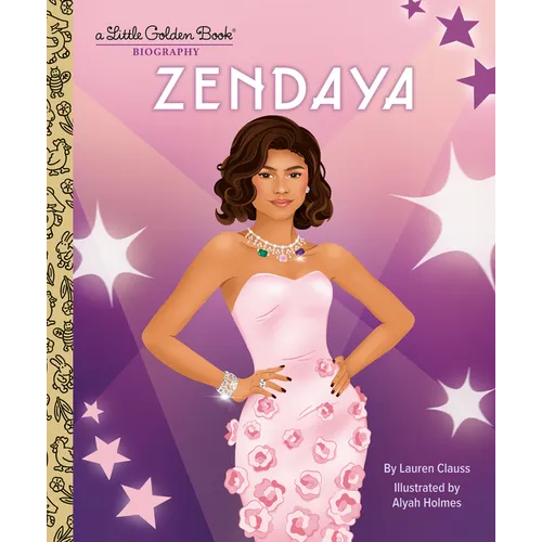Book cover of 'Zendaya' by Lauren Clauss with a stylized illustration of Zendaya in a pink dress on a purple background.