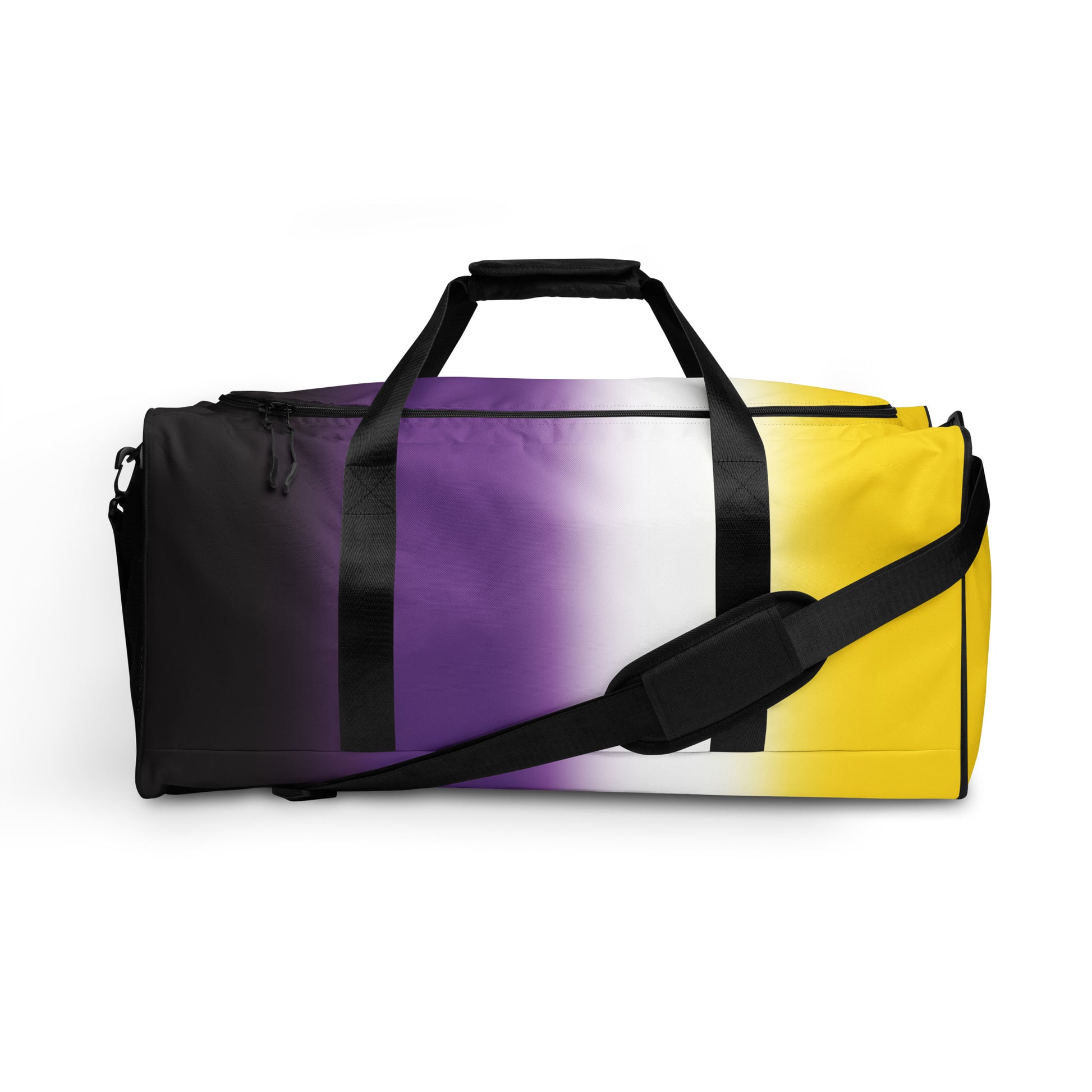 Nonbinary Enby Pride Duffle Weekender Gym Bag in Ombre Multi Nonbinary all-over-print-duffle-bag-white-front-642cd8e79a49b