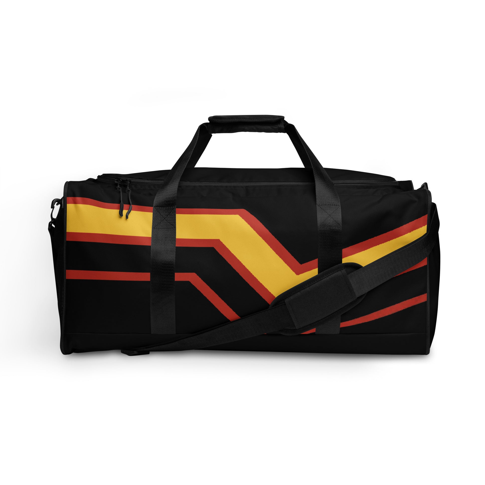 Rubber Latex Pride Flag Weekender Duffel Bag Black all-over-print-duffle-bag-white-front-642d8c967fbb5