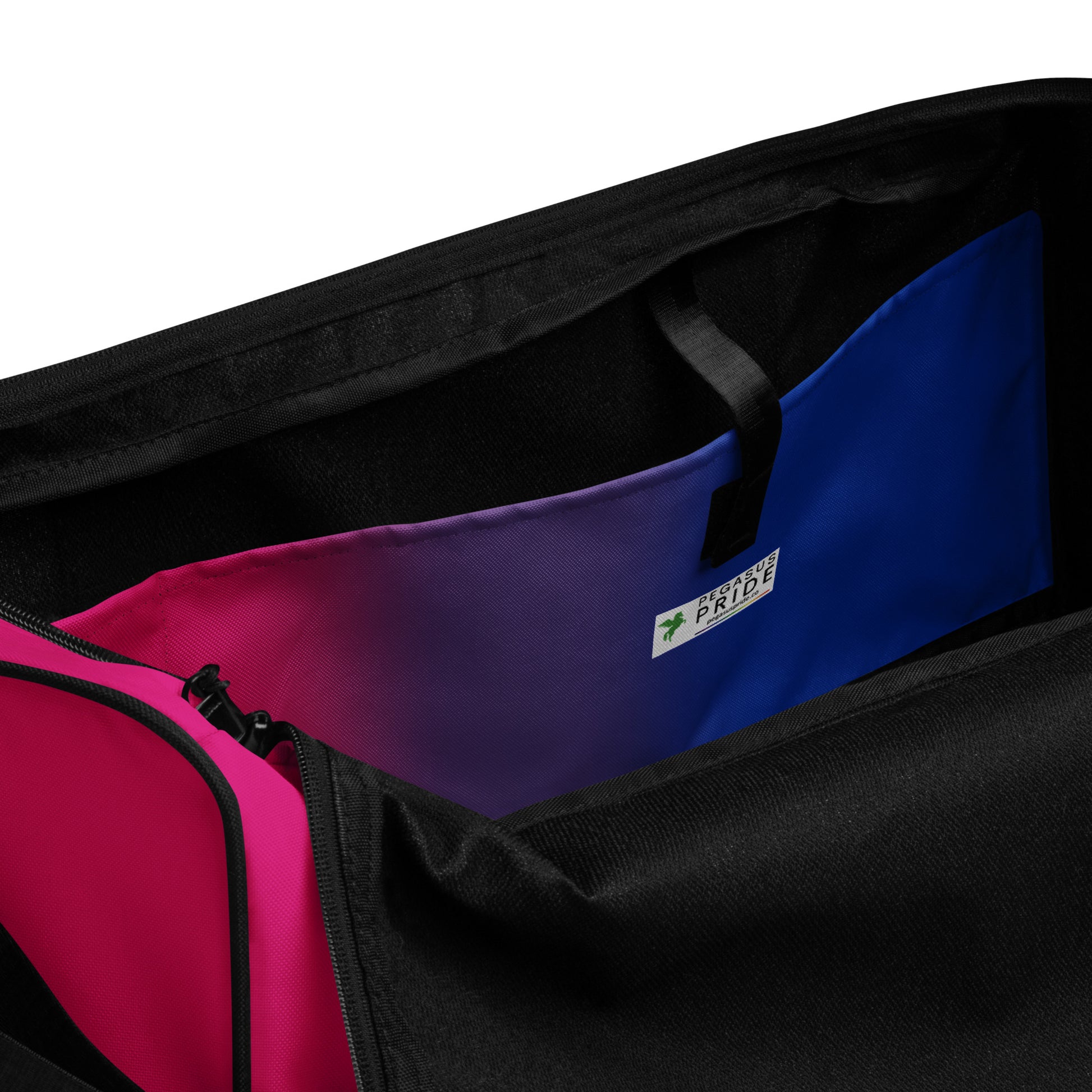 Bisexual Bi Pride Weekender Duffle Bag in Ombre all-over-print-duffle-bag-white-inside-pocket-642cd7fbac3c2