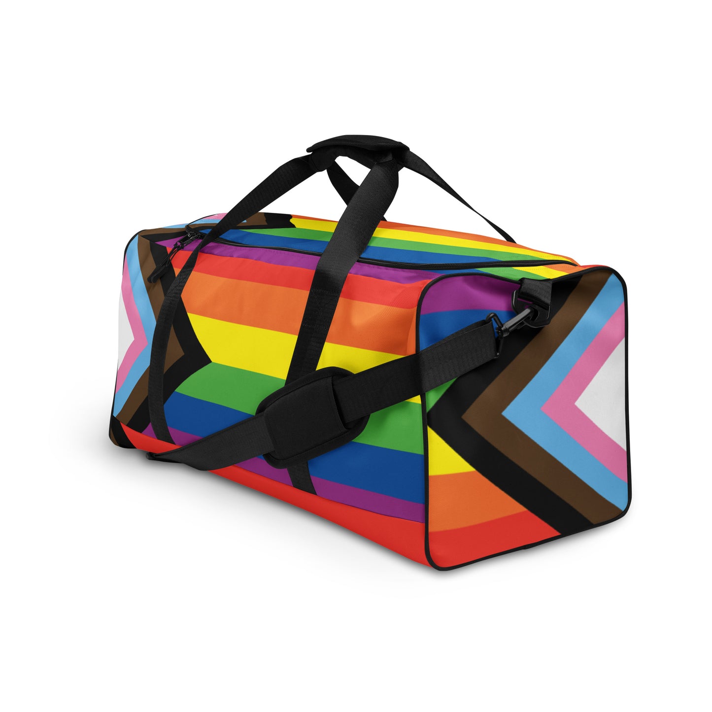 LGBTQ Pride Flag Weekender Duffel Bag - Progress Pride Daniel Quasar all-over-print-duffle-bag-white-left-front-63707d416f7e9