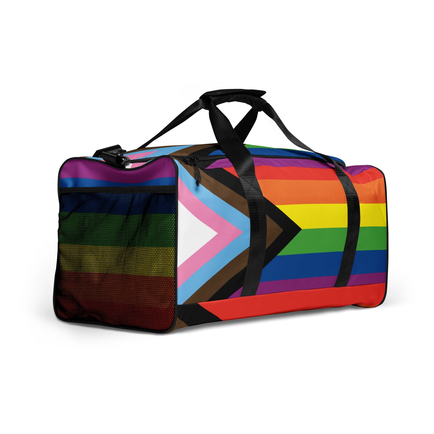 LGBTQ Pride Flag Weekender Duffel Bag - Progress Pride Daniel Quasar all-over-print-duffle-bag-white-right-front-63707d416f68b