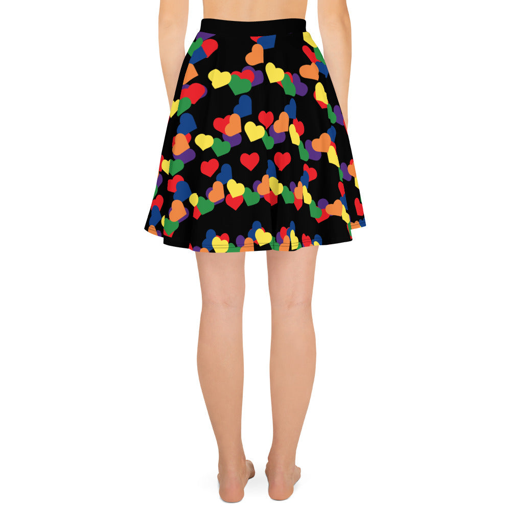 LGBTQ Pride Skater Skirt - Black with Rainbow Hearts all-over-print-skater-skirt-white-back-6441a1fe09923