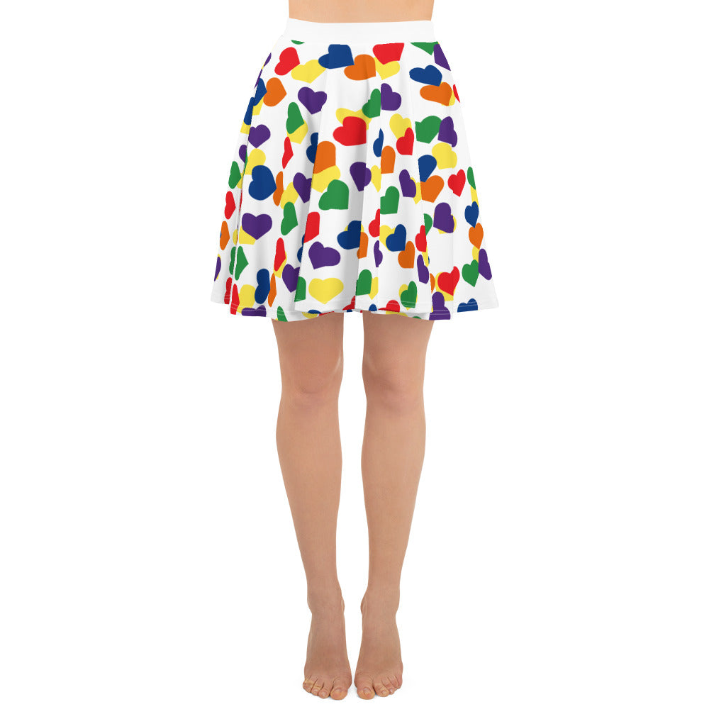 LGBTQ Pride Skater Skirt - White with Rainbow Hearts all-over-print-skater-skirt-white-front-6441a1ba099cf