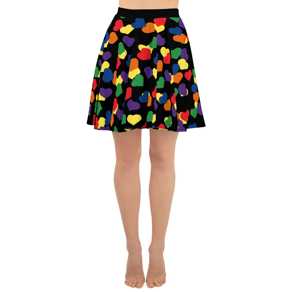 LGBTQ Pride Skater Skirt - Black with Rainbow Hearts all-over-print-skater-skirt-white-front-6441a1fe098b1