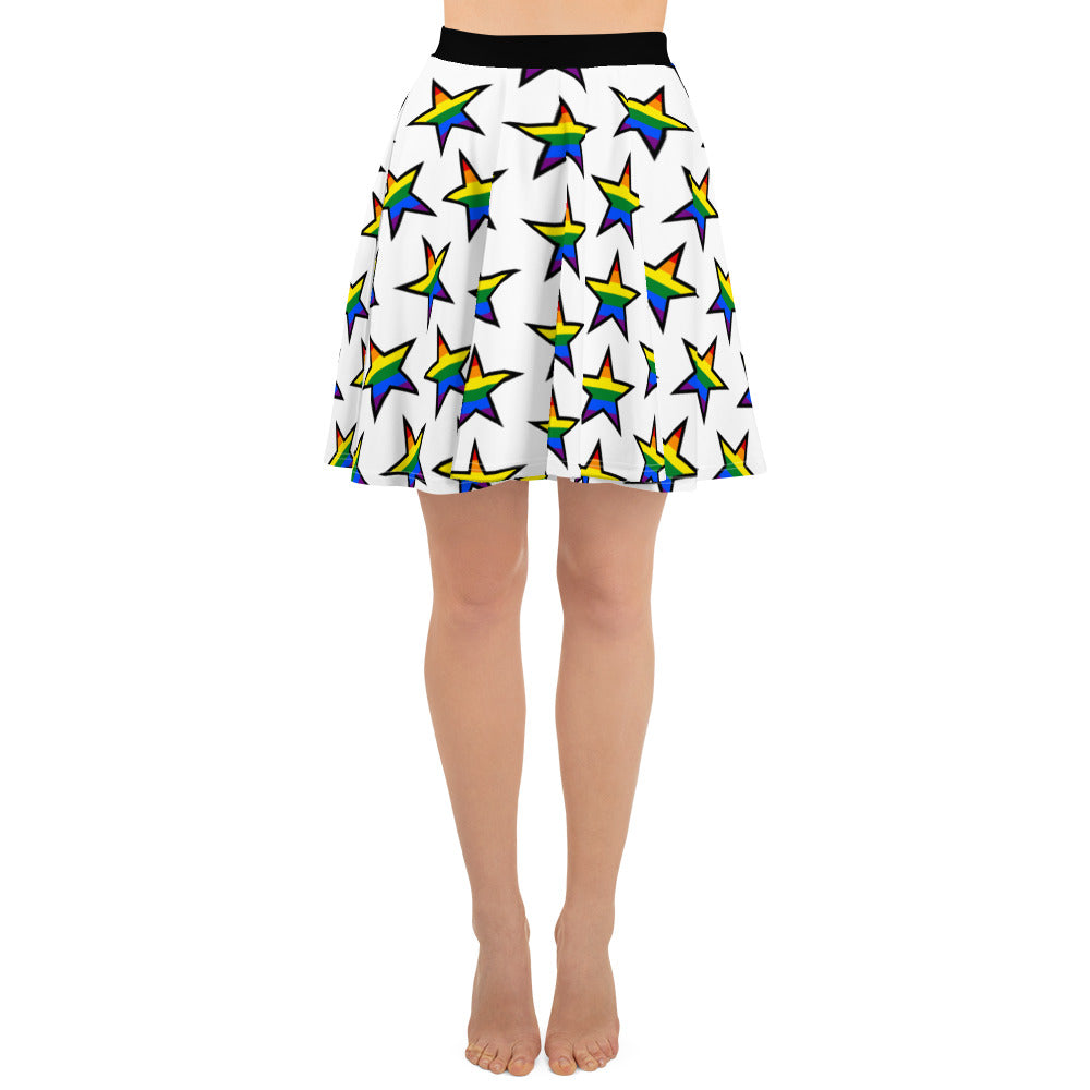 LGBTQ Pride Skater Skirt - White with Rainbow Stars all-over-print-skater-skirt-white-front-6441a54ddad2a