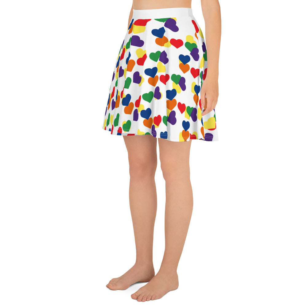 LGBTQ Pride Skater Skirt - White with Rainbow Hearts all-over-print-skater-skirt-white-left-6441a1ba09c2d