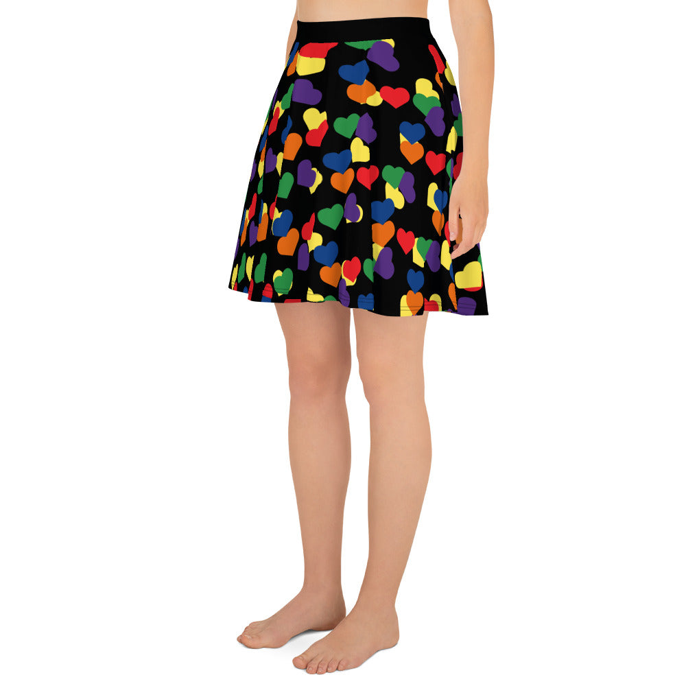 LGBTQ Pride Skater Skirt - Black with Rainbow Hearts all-over-print-skater-skirt-white-left-6441a1fe099f6