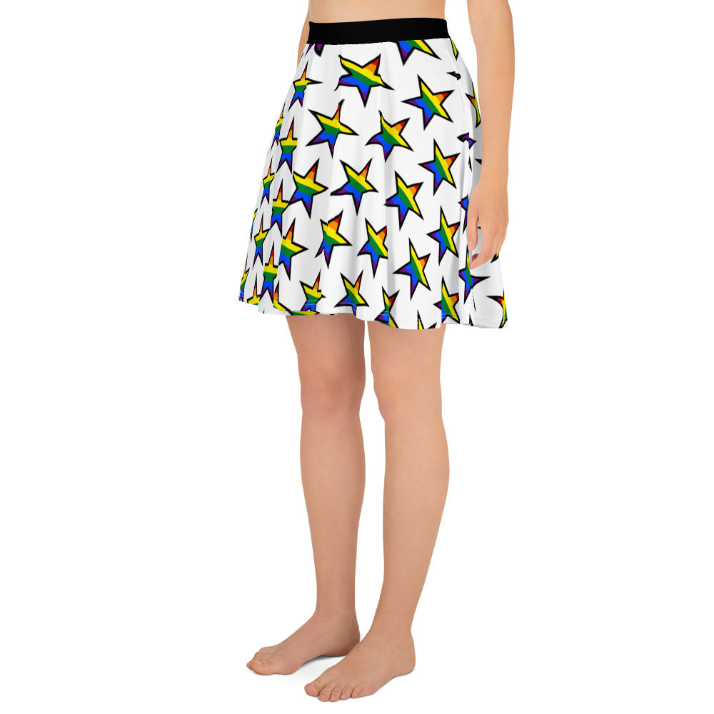 LGBTQ Pride Skater Skirt - White with Rainbow Stars all-over-print-skater-skirt-white-left-6441a54ddae76