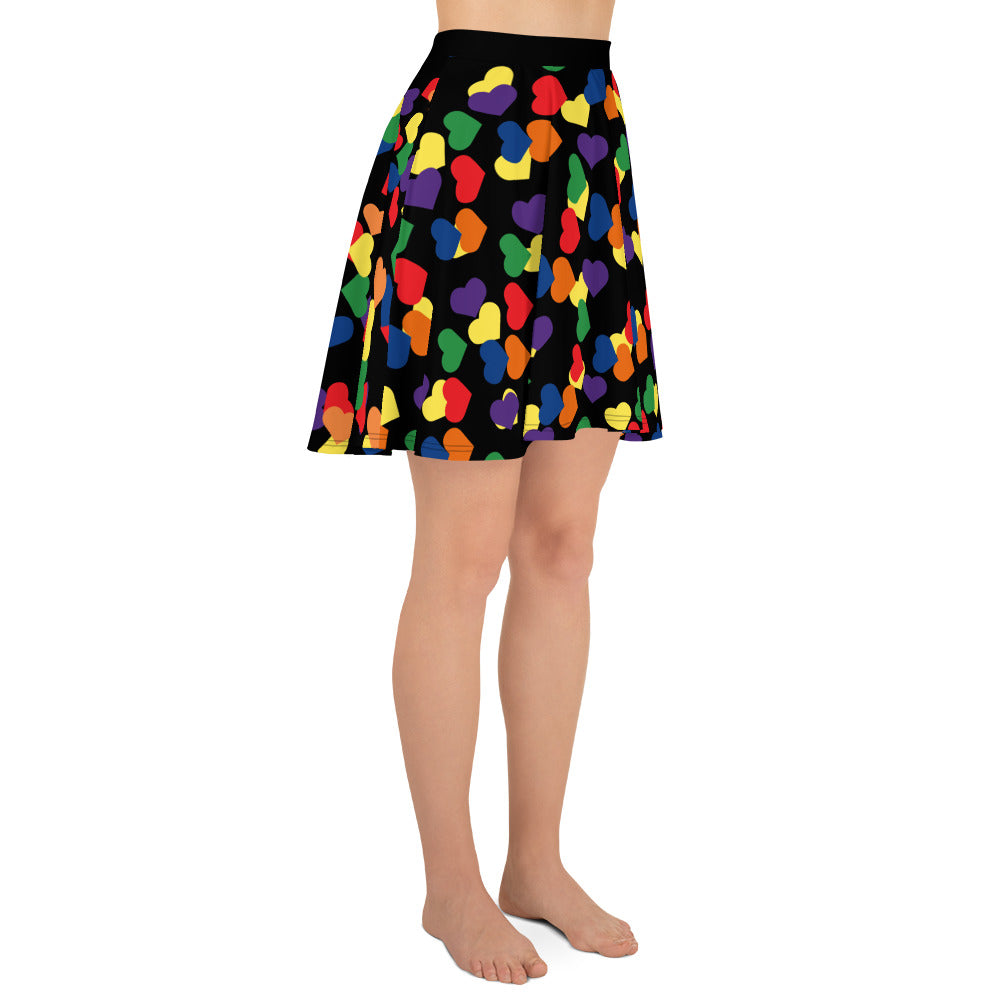 LGBTQ Pride Skater Skirt - Black with Rainbow Hearts all-over-print-skater-skirt-white-right-6441a1fe0998e